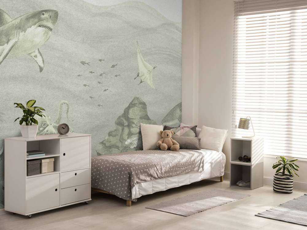 Undervandsverden med hajer i grønt