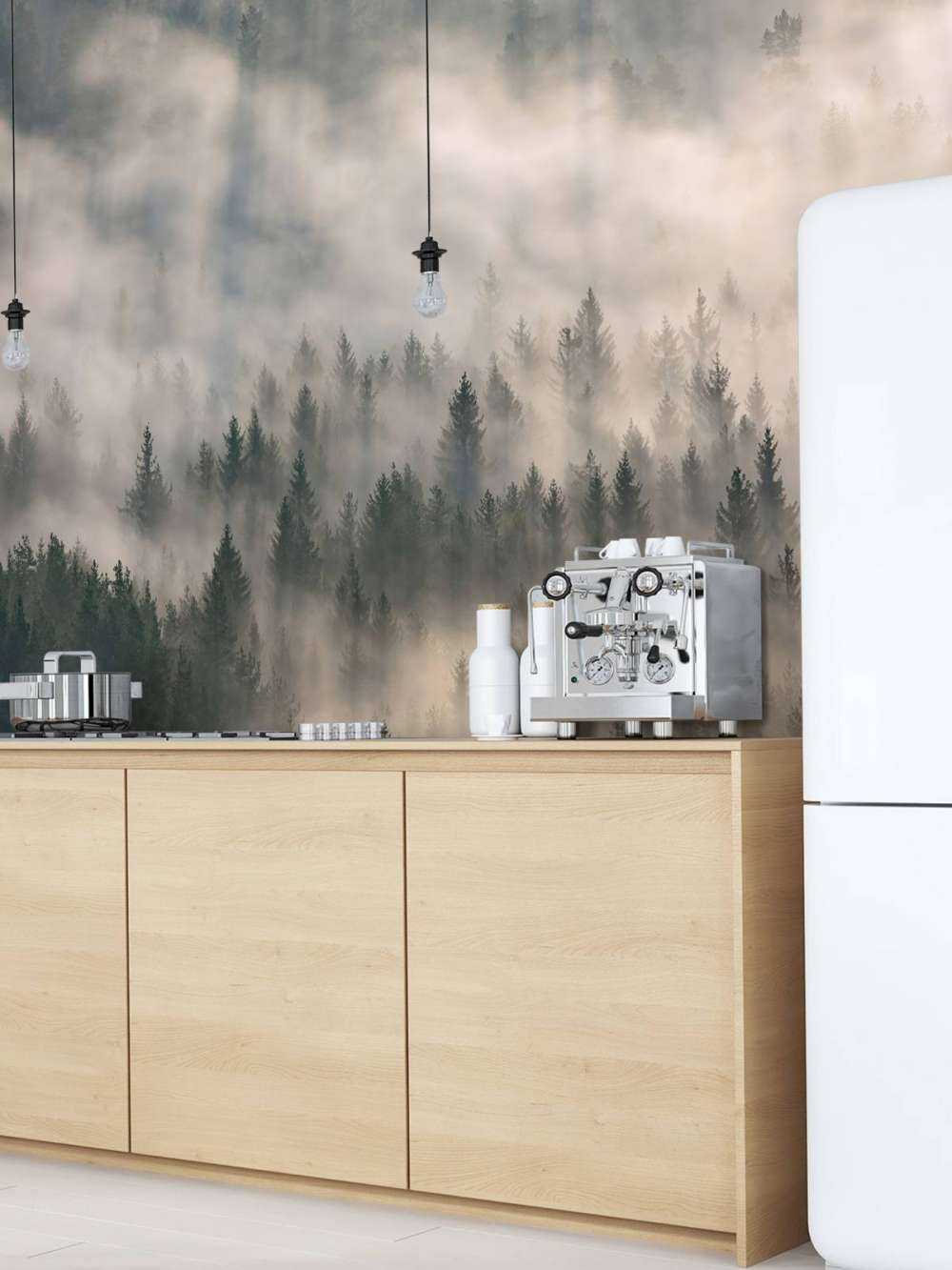 Fyrretræer og tåge