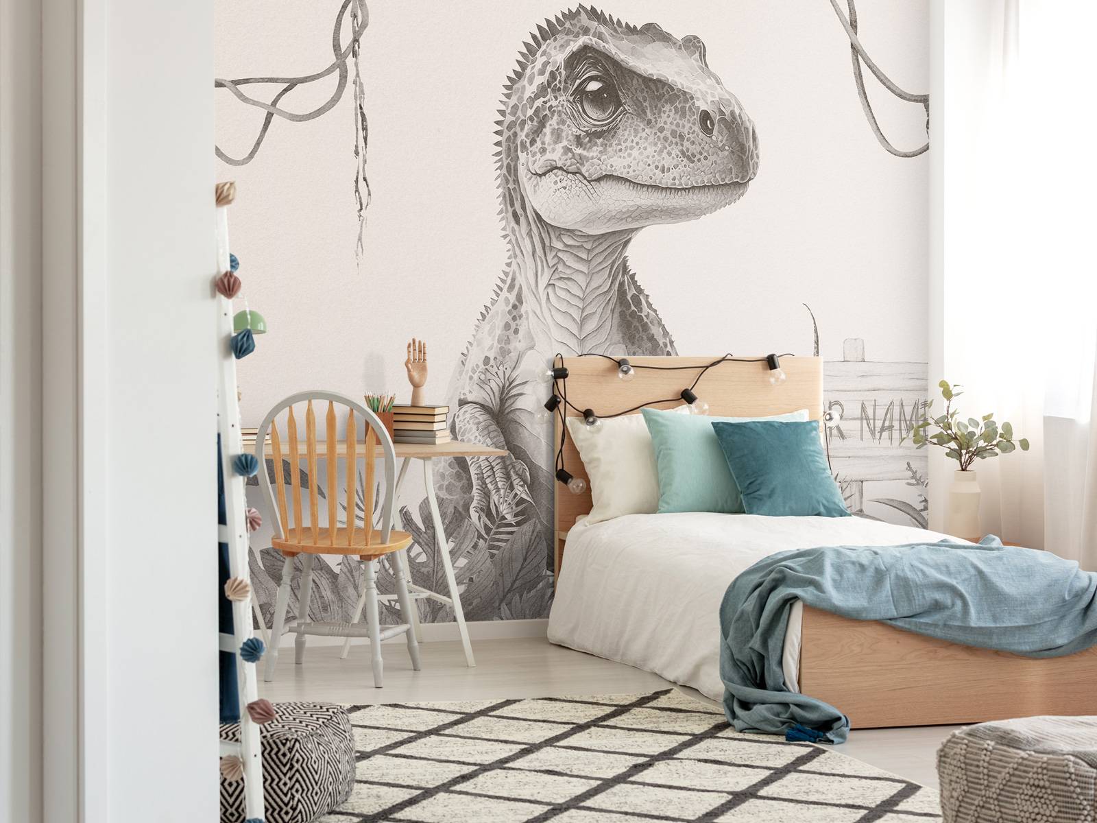 Baby t-rex i den beige junglen