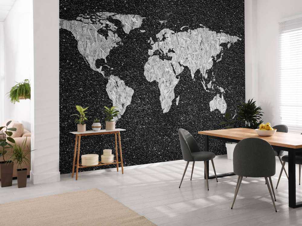 Vit världskarta på svart bakgrund