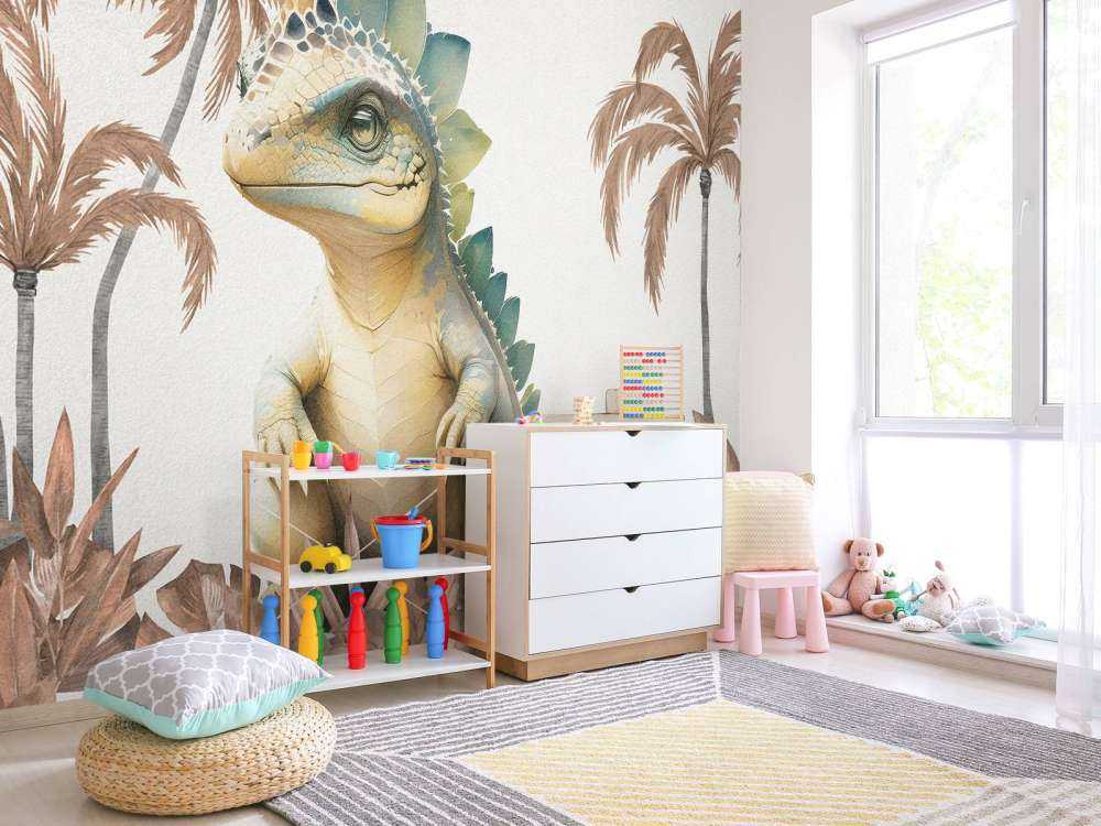 Baby stegosaurus i den taupefärgade djungeln