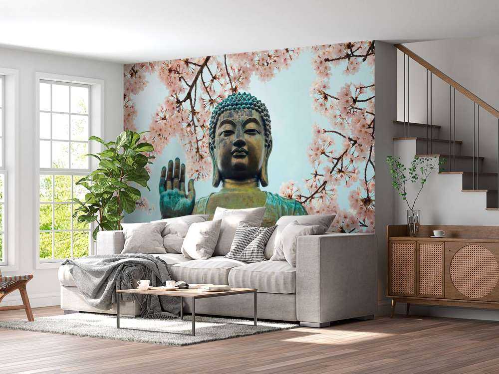 Buddha omgivet af kirsebærblomster