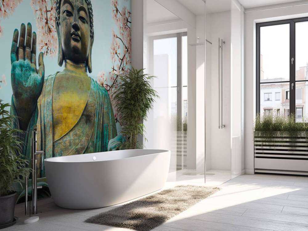Buddha omgivet af kirsebærblomster