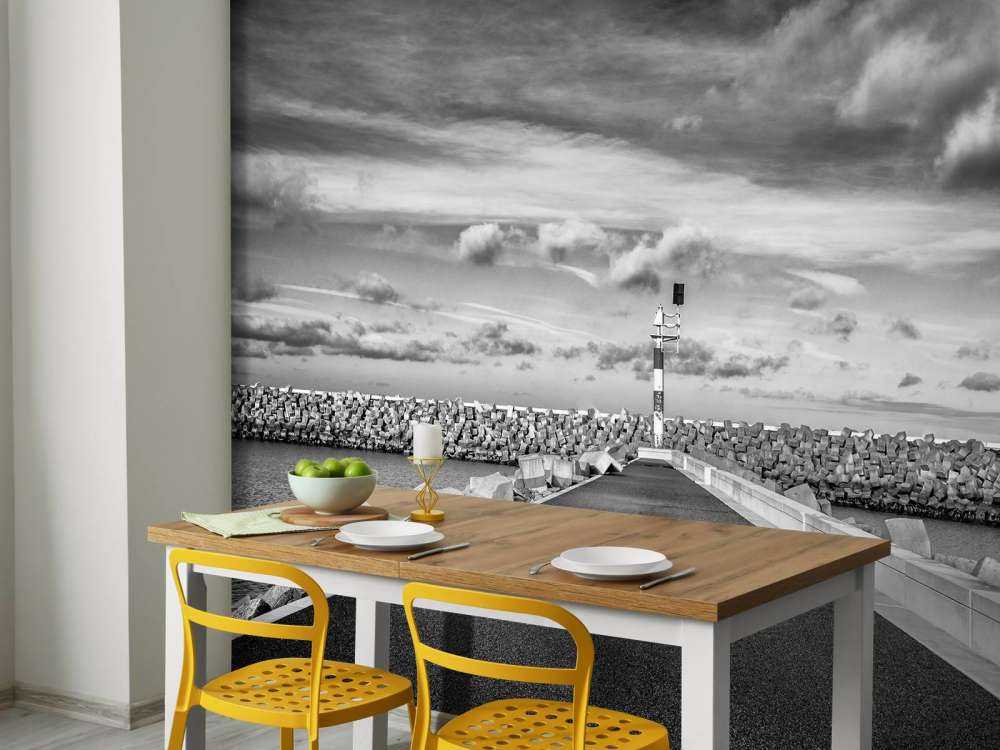 Molo av tre på kysten Cadzand bad (svart og hvit)