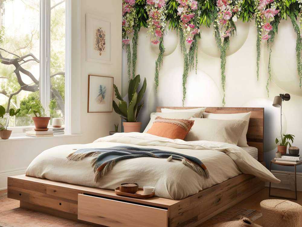 Hengende rosa blomster på 3D-vegg