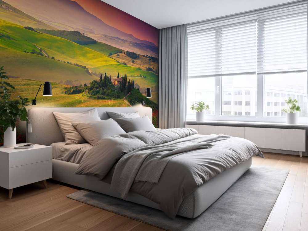 Røde valmuer med italiensk landskapp