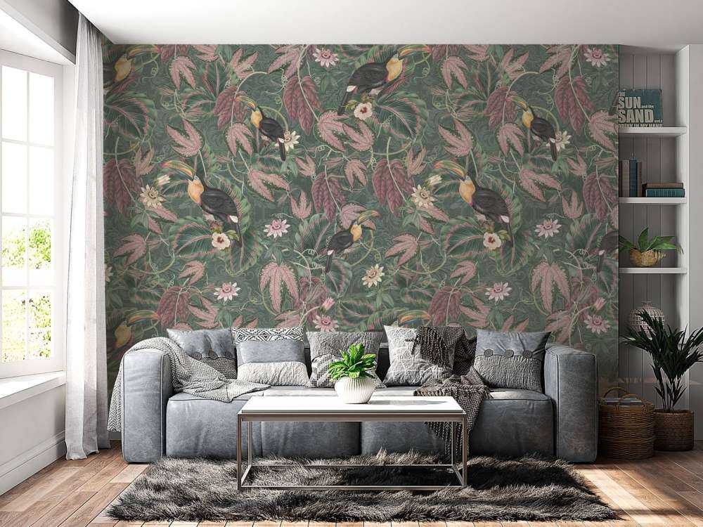 Tropiska djungelns fåglar & tukaner - mörkgrön