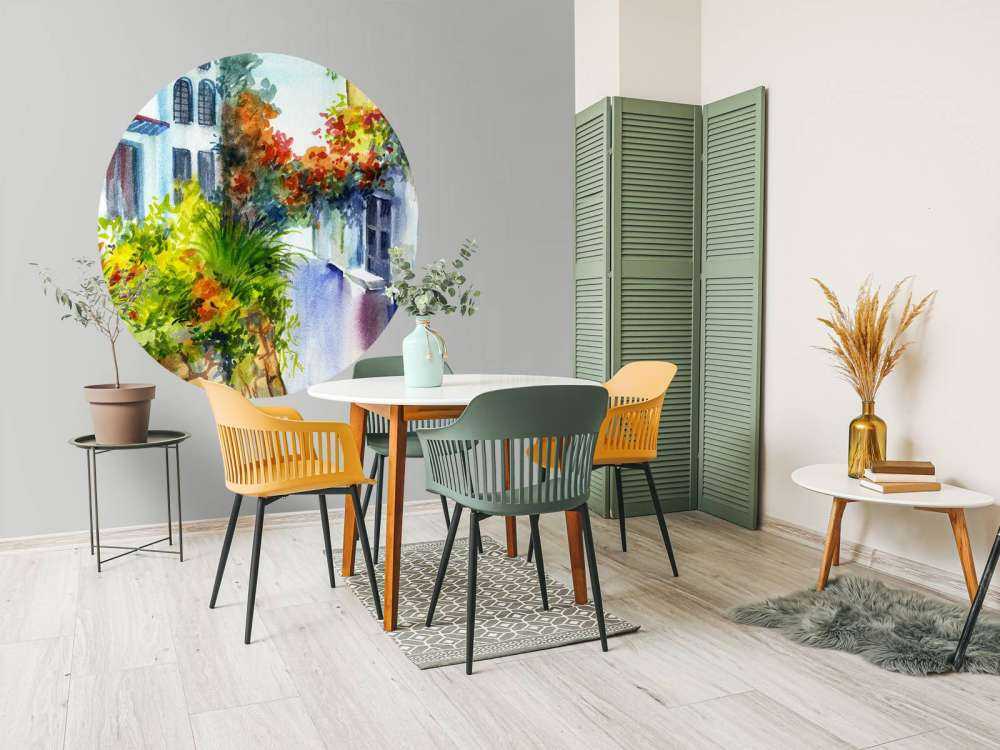 Akvarell blommor och byggnader