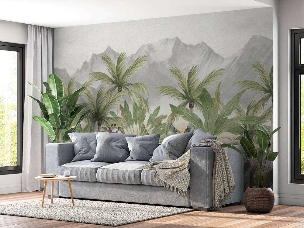 Bjerglandskab med dyr i farve