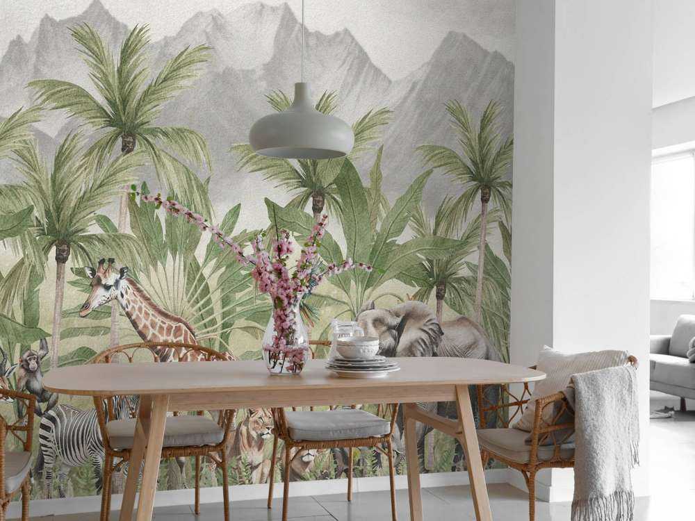 Bjerglandskab med dyr i farve