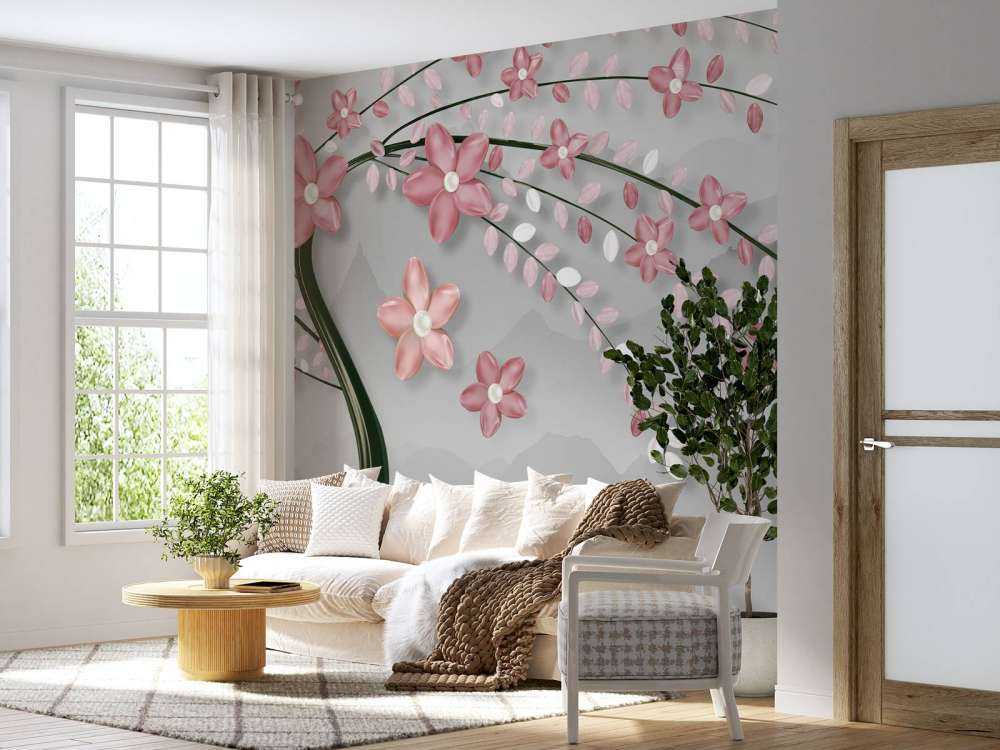 3D træ med lyserøde blomster