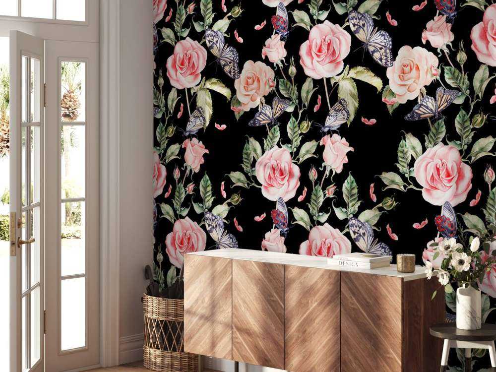 Blomster og sommerfugler i akvarell