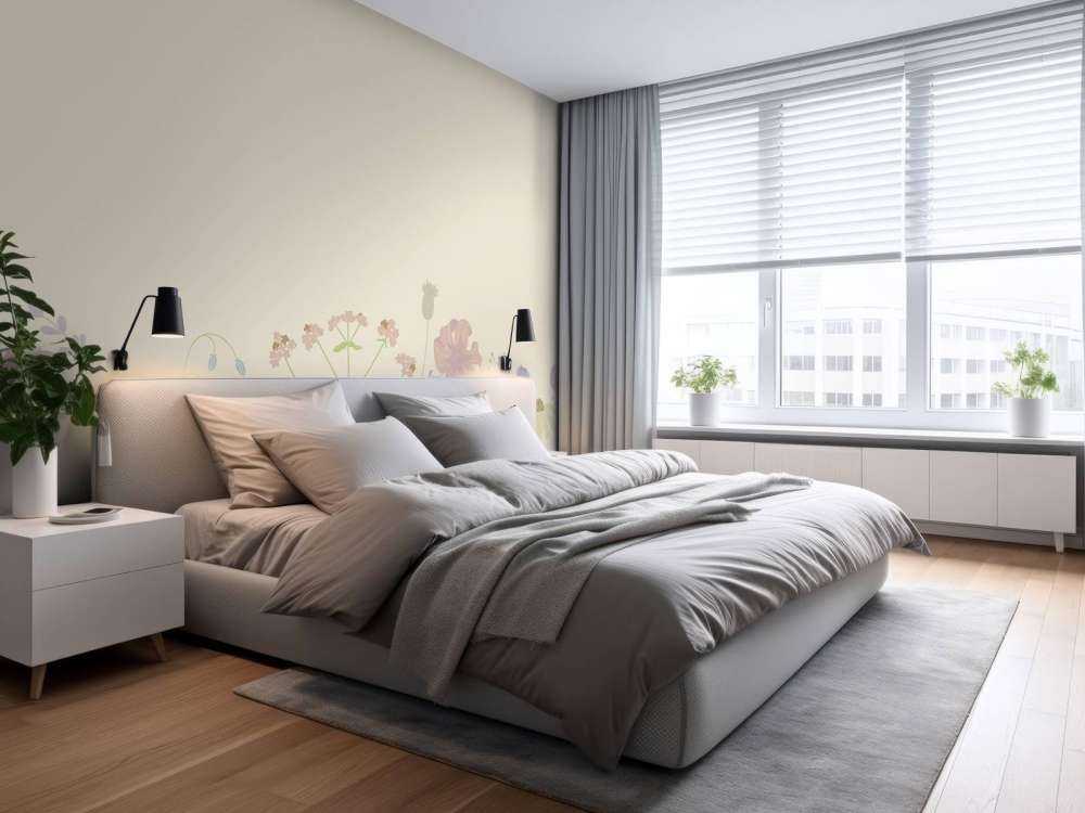 Blomsterfelt med sommerfugler i beige, gammelrosa, grønt og lilla