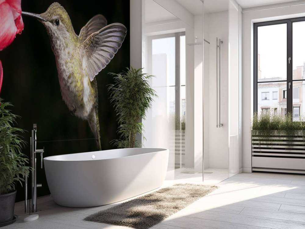 Kolibri med rød blomst