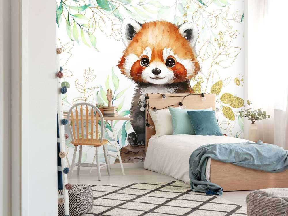 Söt röd panda och blad