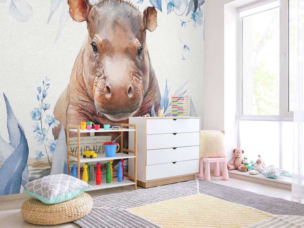 Flodhästbebis i bladen blå