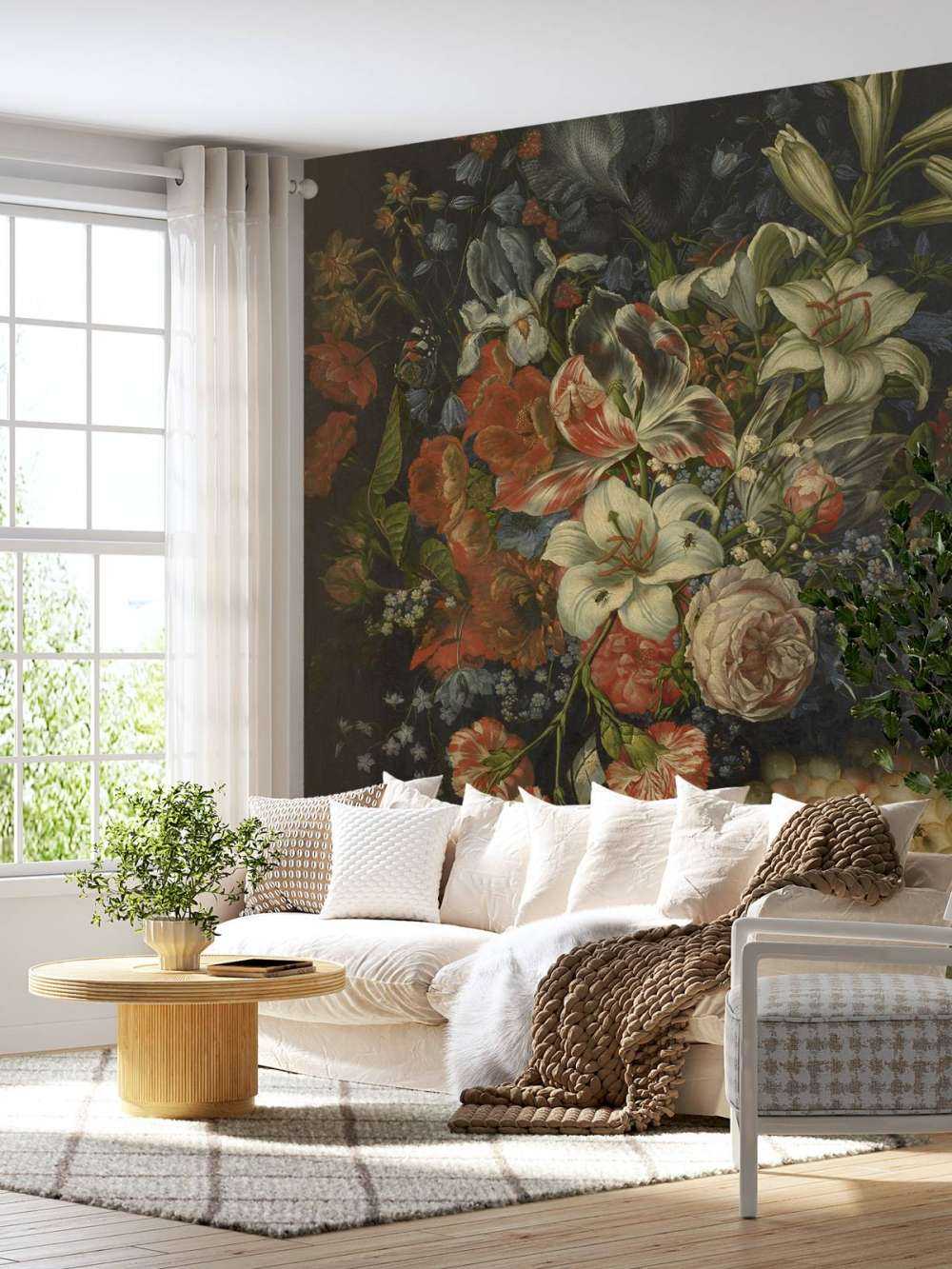 stilleben med blommor och frukter