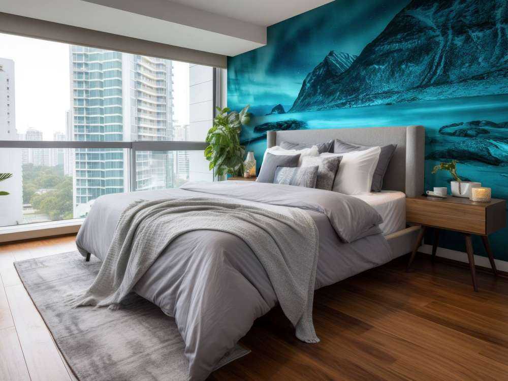 Blå norrsken med berg