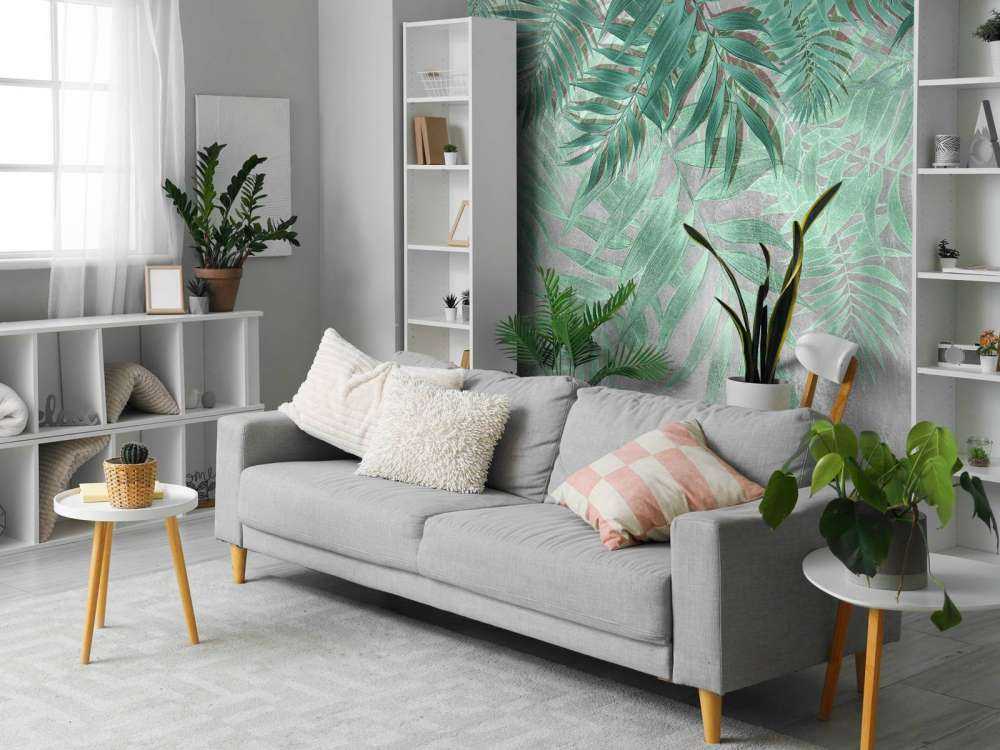 Grønne palmeblade med grå betonvæg