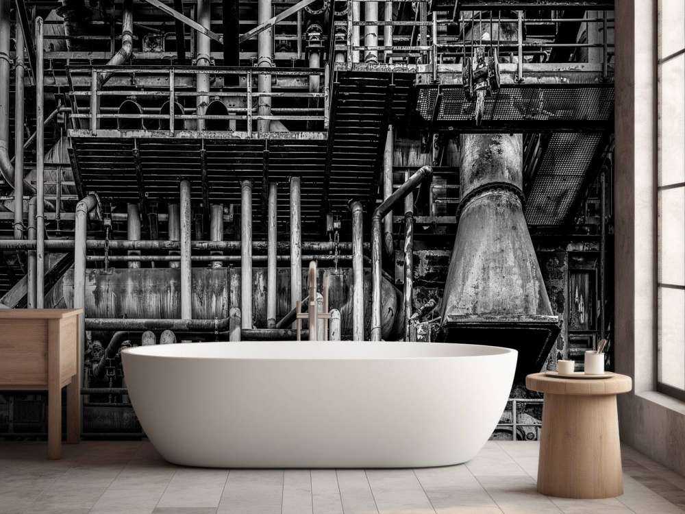 Gammal industrifabrik i svartvitt