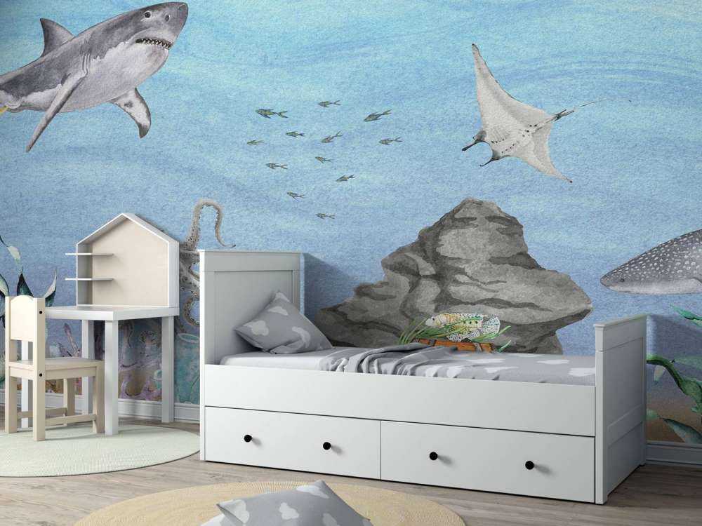 Undervattensvärld med hajar