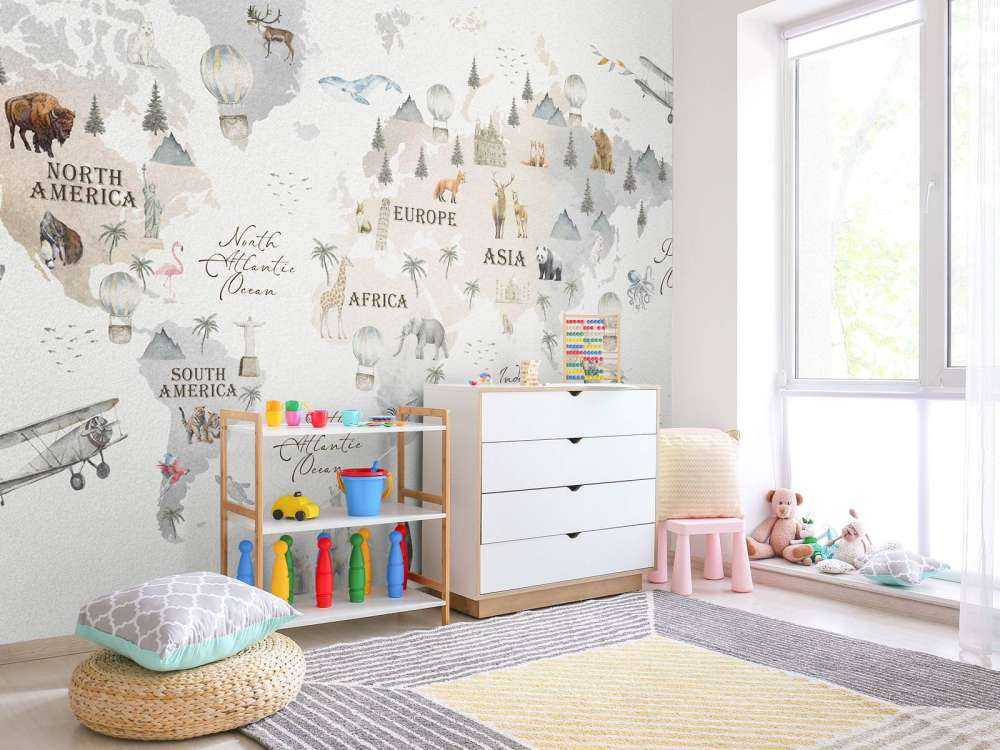 Världskarta med olika djur