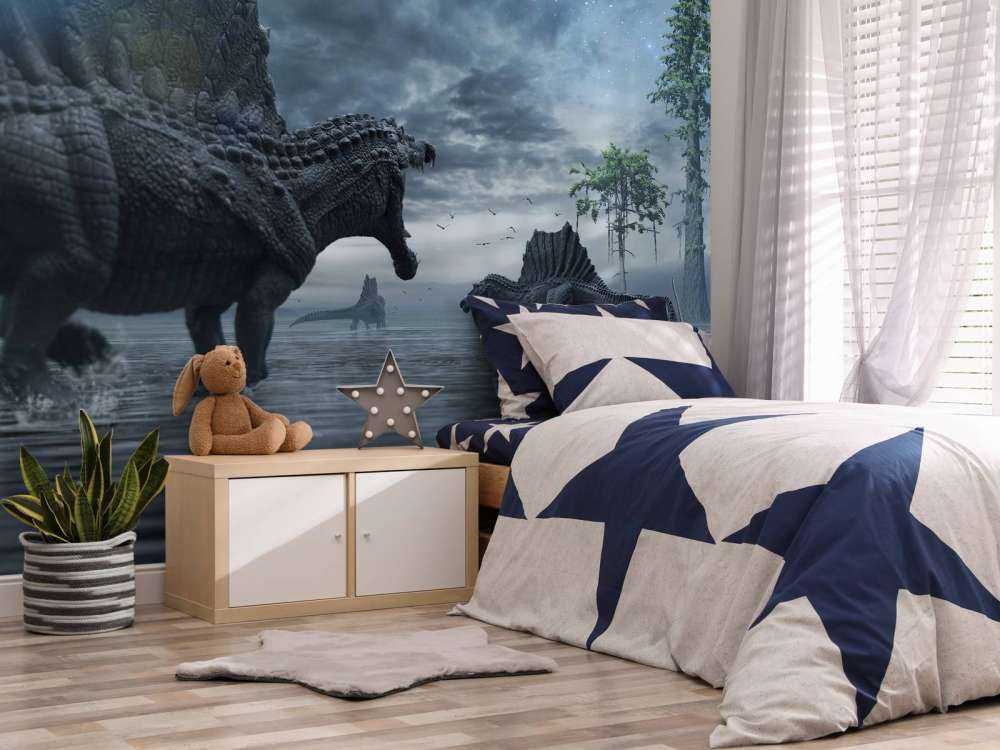 En grupp Spinosaurus i en jaktmark