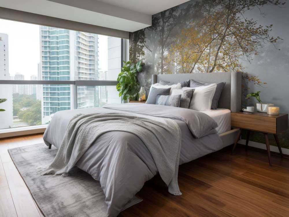 Græsmark med træer og tåge