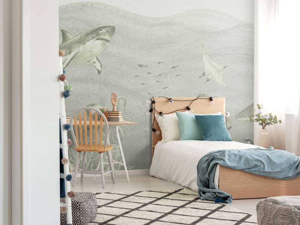 Undervannsverden med haier i grønt