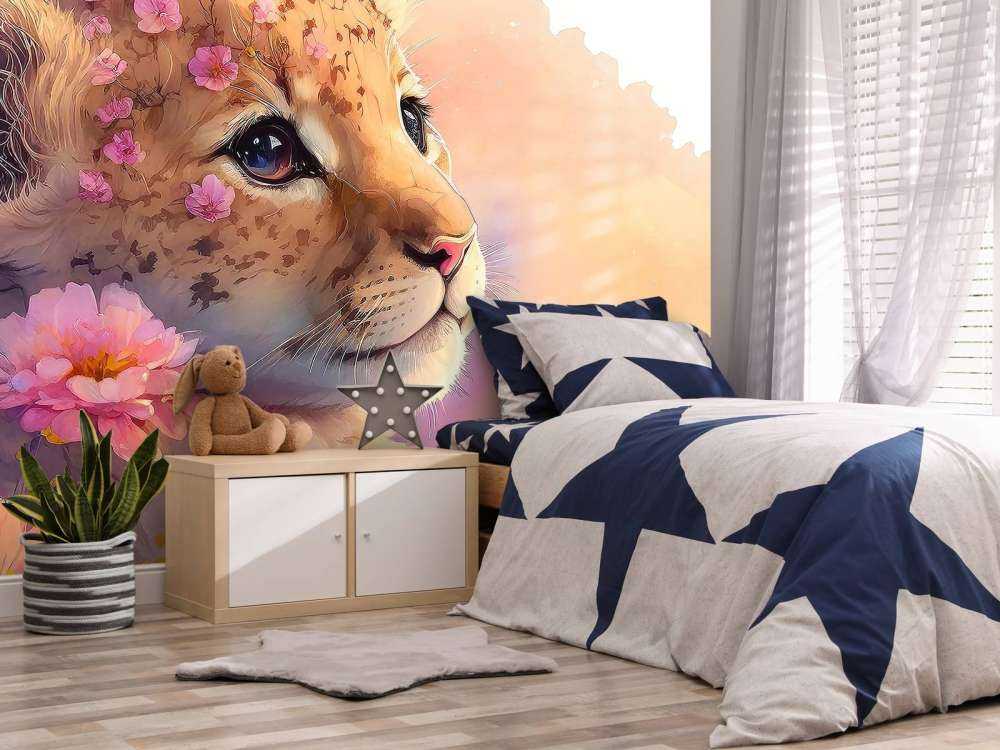 Drømmende valp mellom blomstene