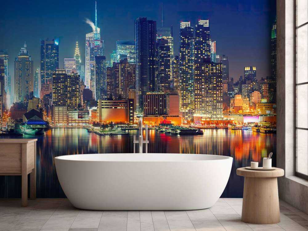 Fototapet New York skyline om natten