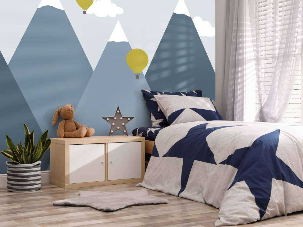 Blå fjell med luftballonger