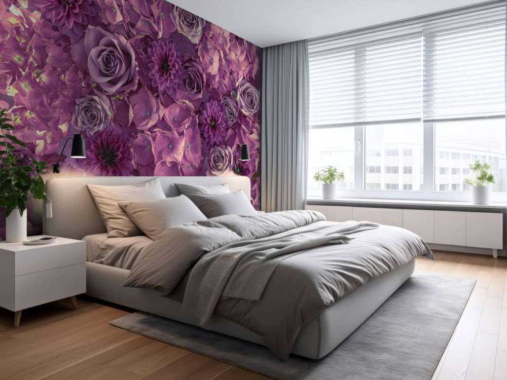 Lila hortensior, rosor och dahlior