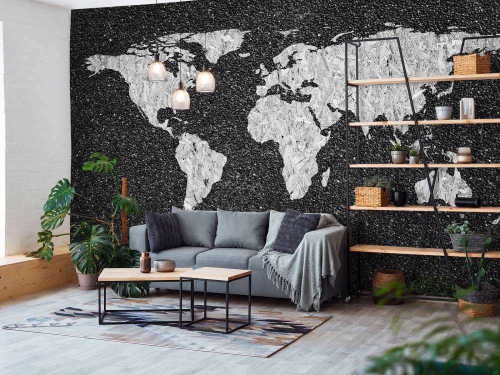 Vit världskarta på svart bakgrund