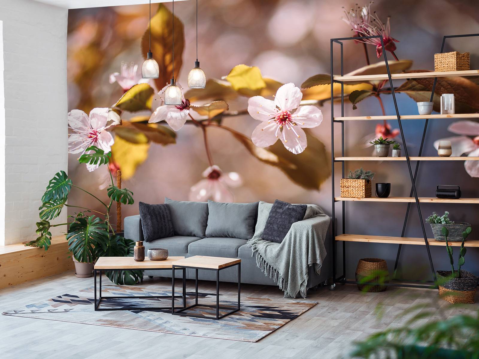 Lyserøde blomster og brune blade - Fototapet, image size:1600x1200