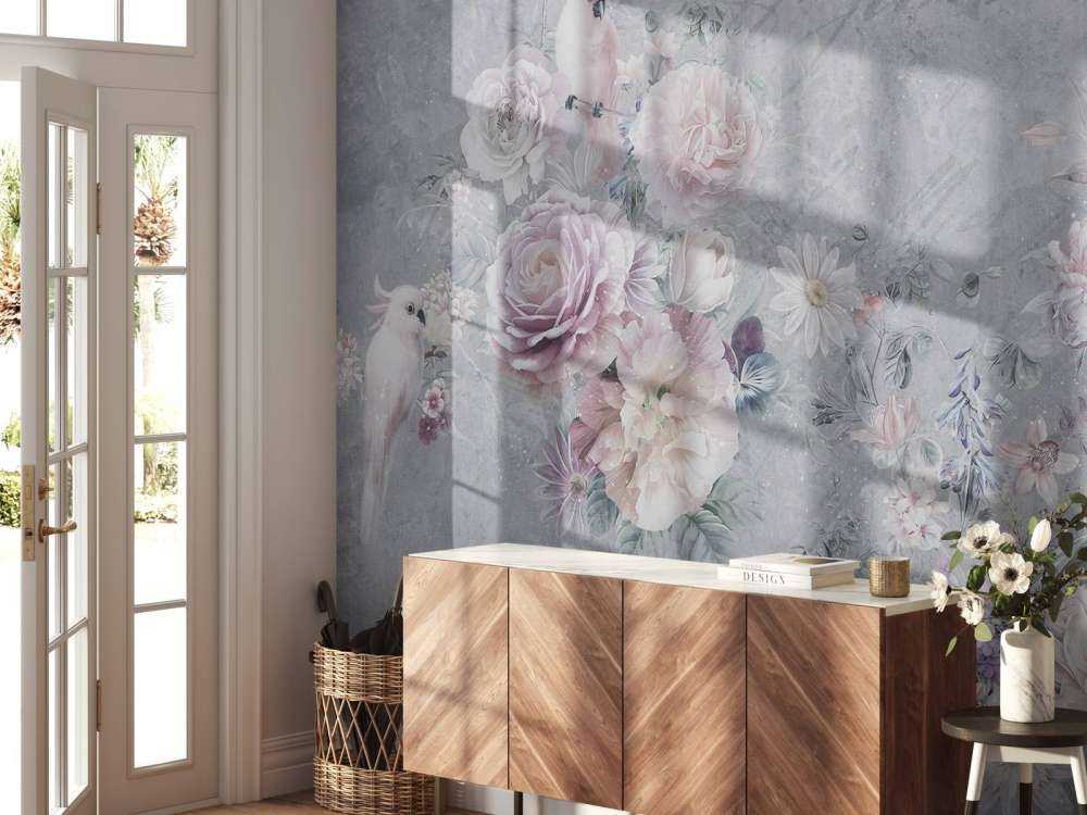 Papegøjer blandt blomster