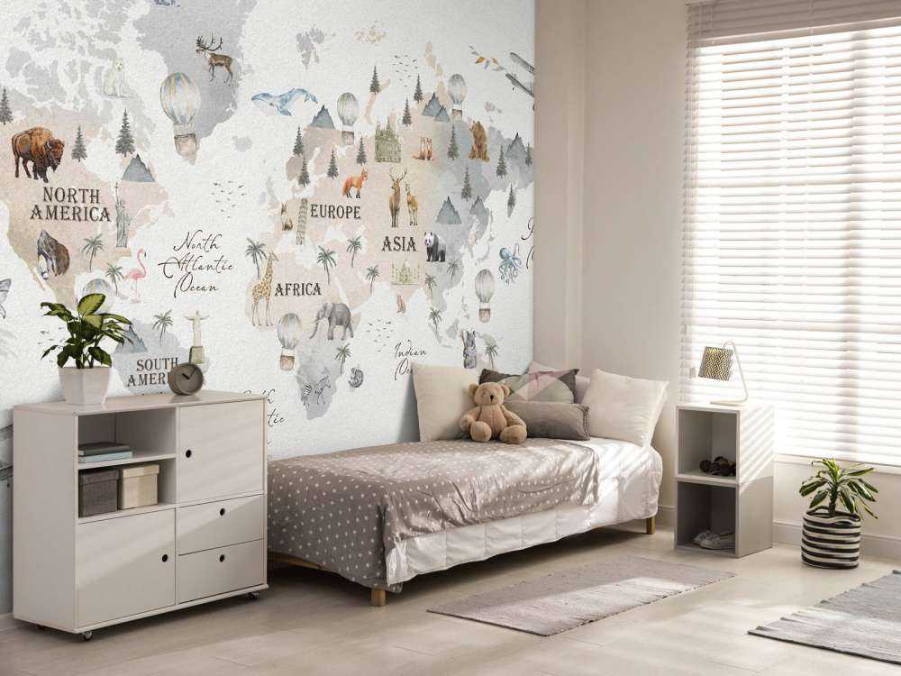 Världskarta med olika djur