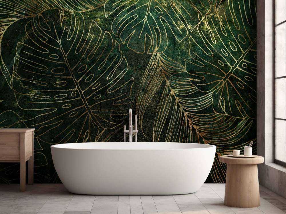 Grön textur med gyllene blad