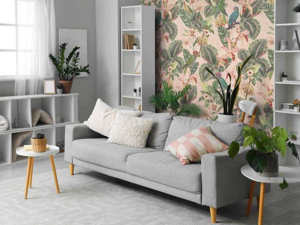 Tropiska djungelns fåglar & papegojor - mjukt rosa