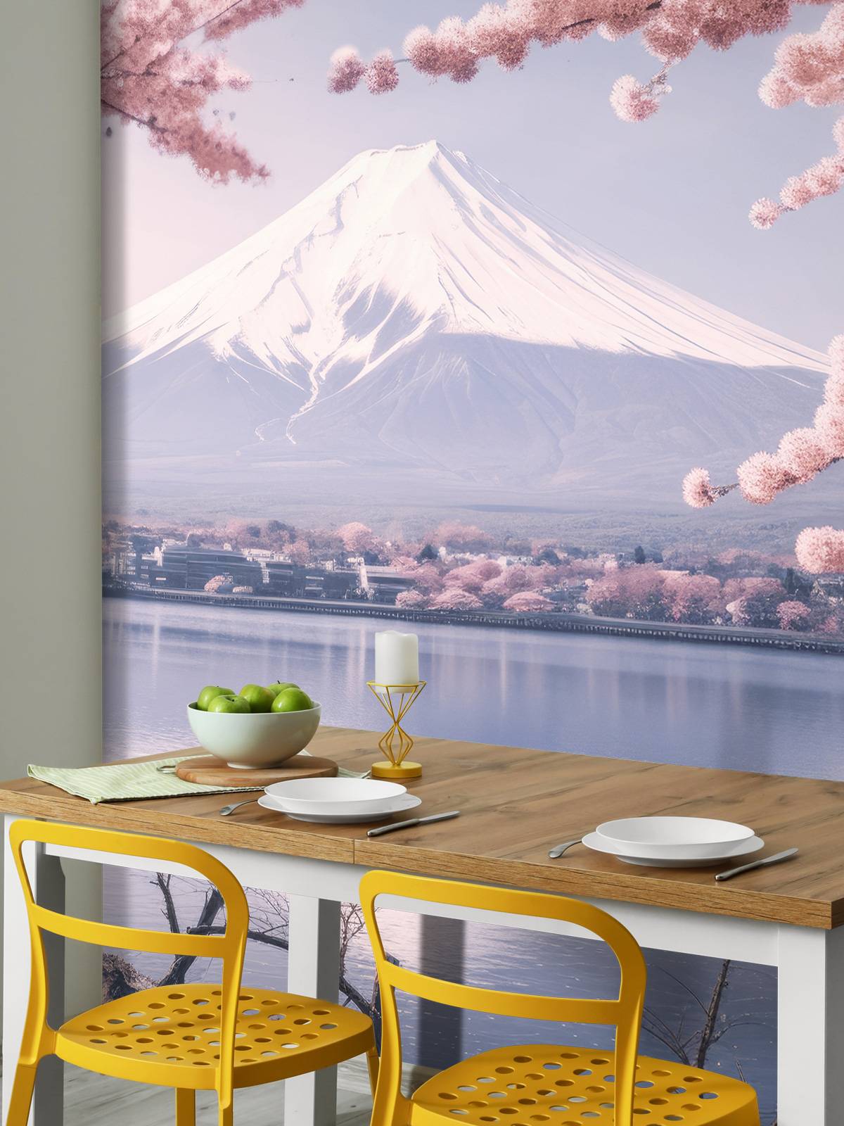 Fototapet mountain | Panoramautsikt over Mount Fuji omgitt av kirsebær —  WonderMural, image size:1200x1600