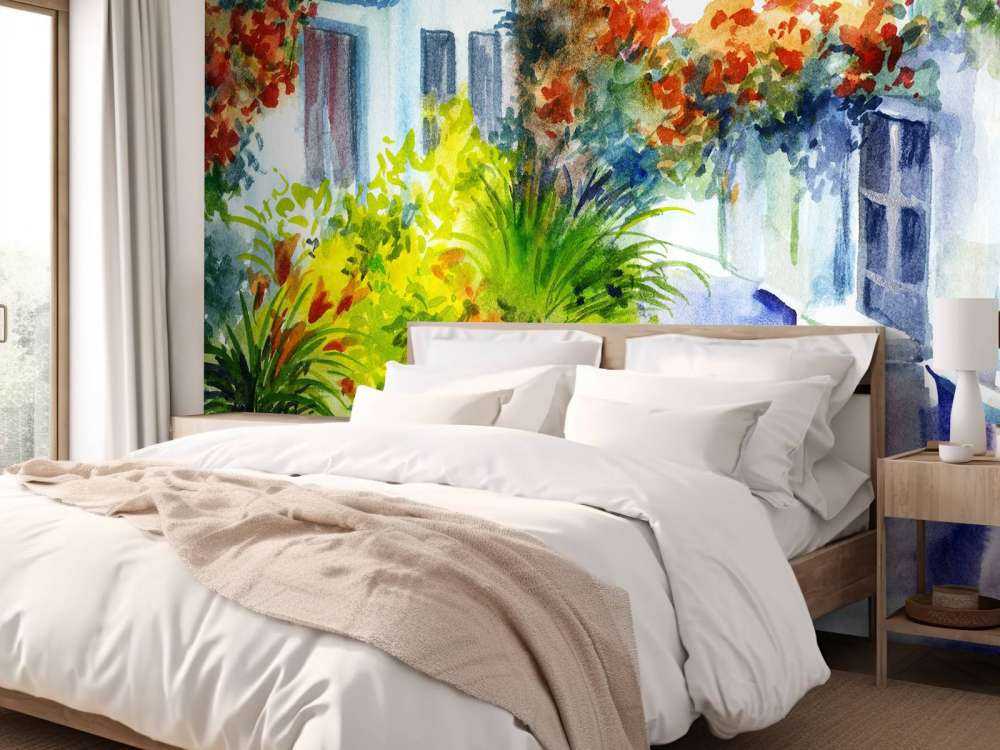 Akvarellblomster og bygninger