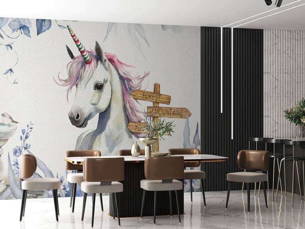 Baby-enhjørning med planter blå