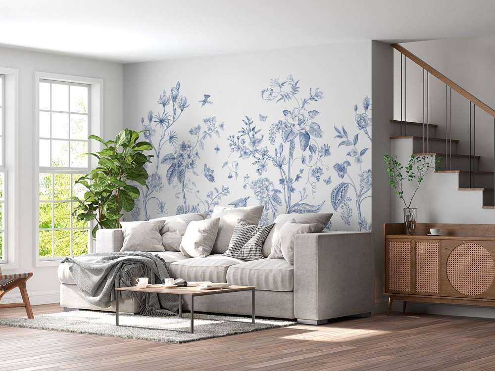 Blomsterillustration, blå og hvid