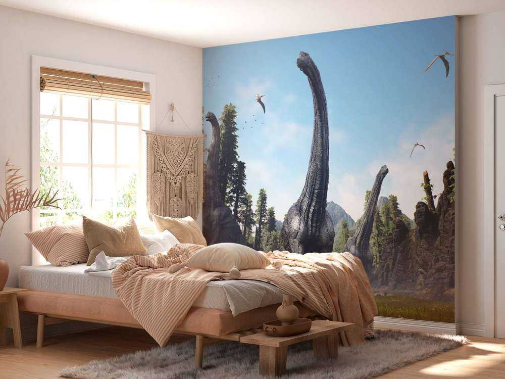 Alamosaurusgrupp som går genom en dal