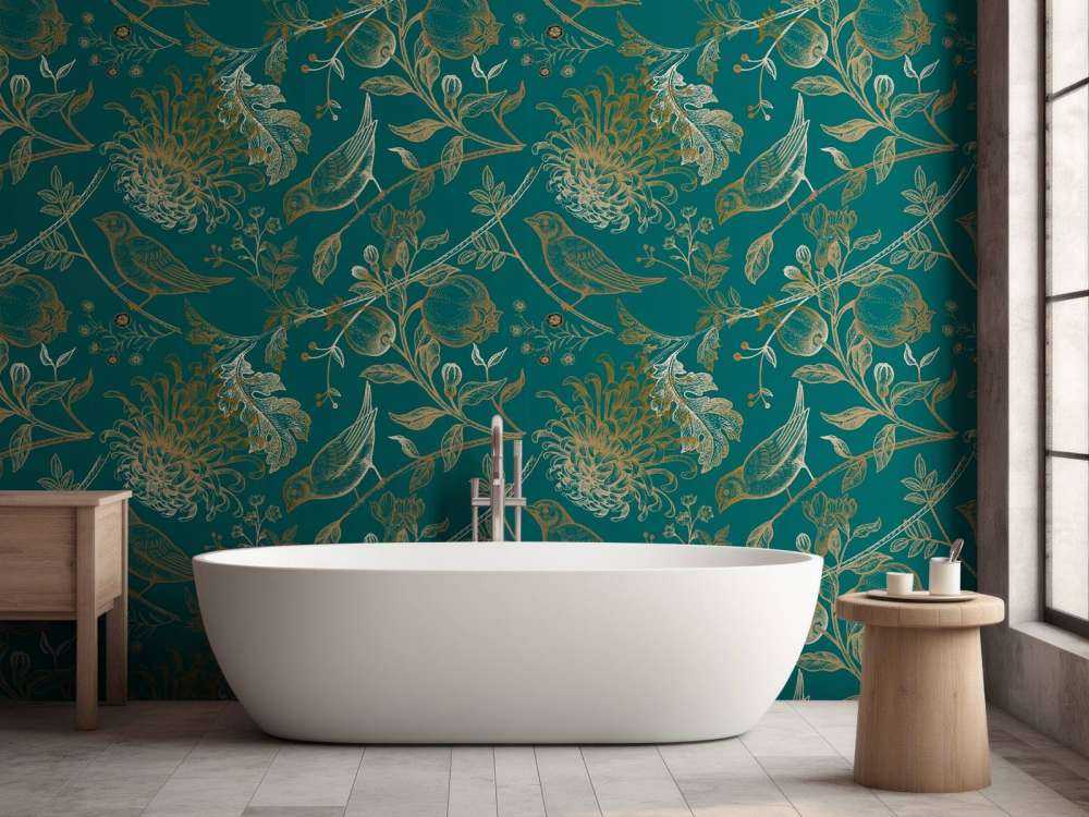 Mönster med krysantemum och fåglar