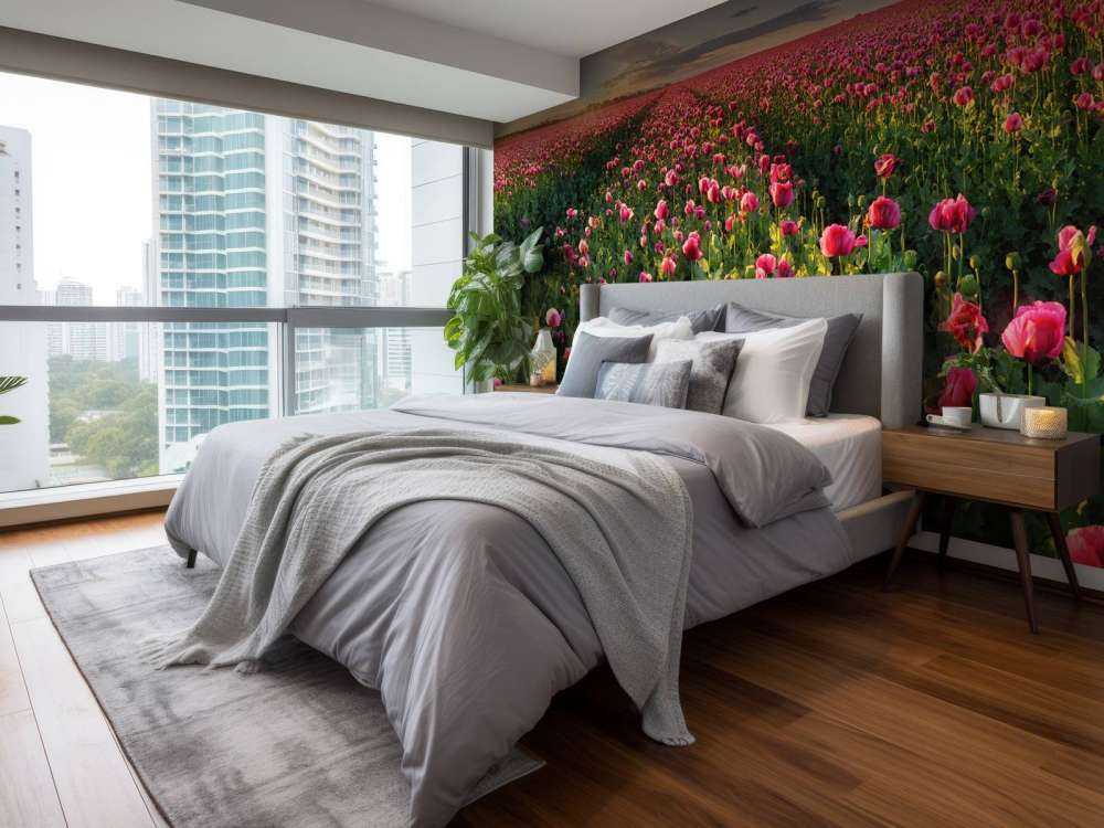 Fält med rosa vallmo