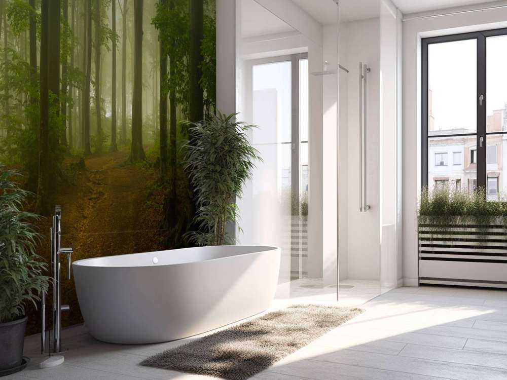 Sti gjennom tåkete grønn skog