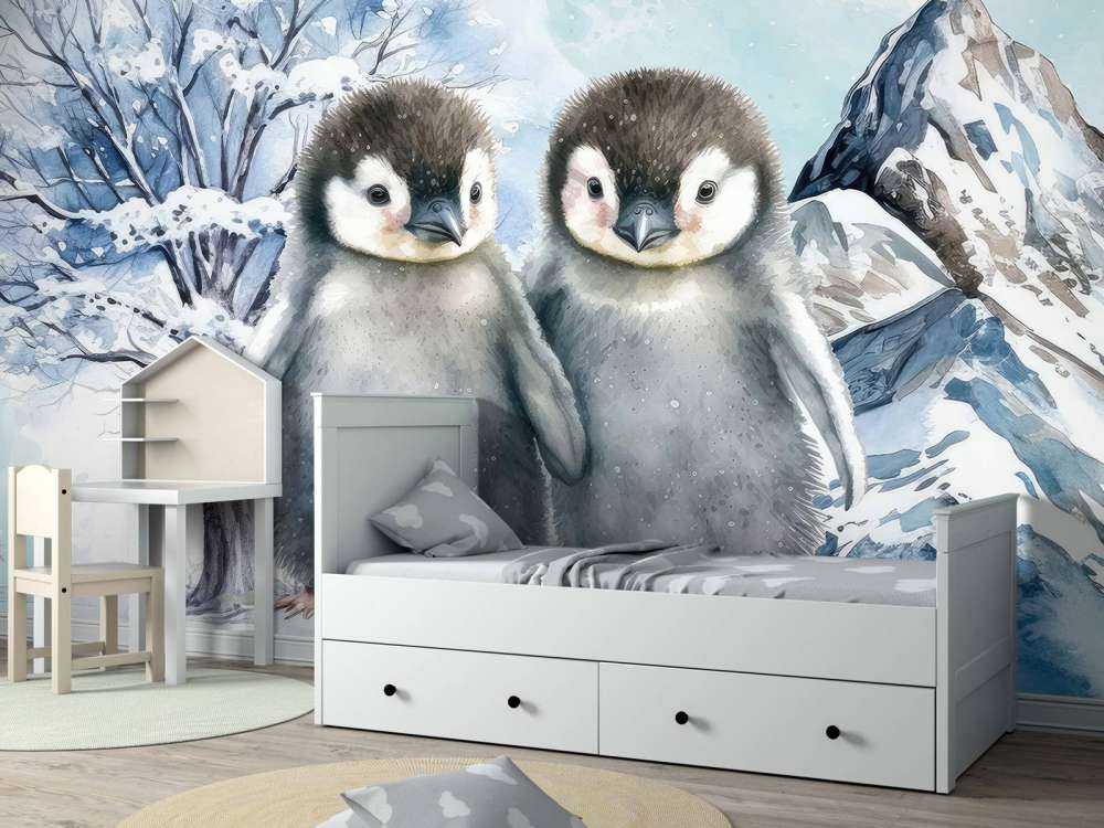 Skyggefulle pingviner i vinterlandskap