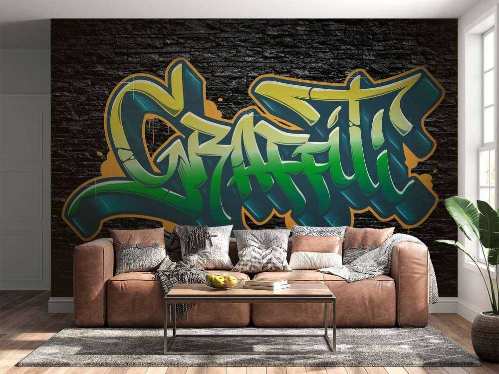 Graffiti på vegg av svarte steiner