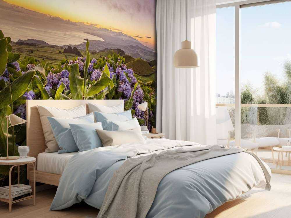 Solnedgang med hortensiaer